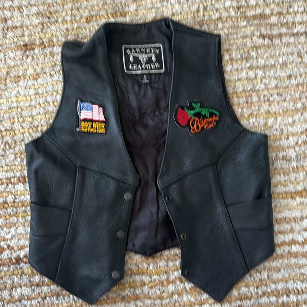 Barney’s Leather bike vest with custom patches